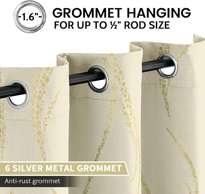 Yakamok Cream Light Blocking Curtains 72 Inches Long Gold Print Wide 42" | Gold - Image 3