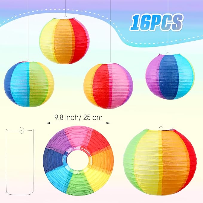Treela 16 Pcs Beach Ball Paper Lanterns, Rainbow Hanging Paper Lanterns - Image 2
