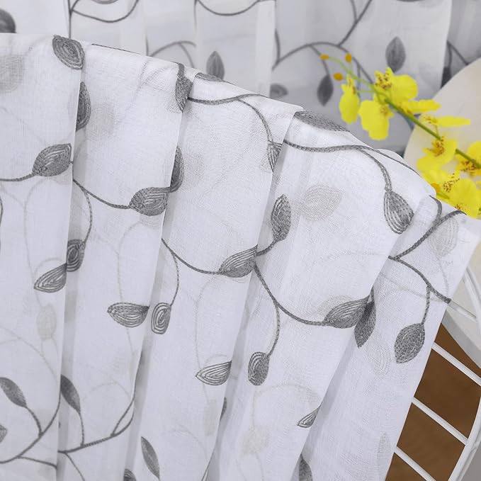 Tollpiz Leaves Short Sheer Tier Curtains Grey Leaf Embroidery Kitchen Half - Image 7