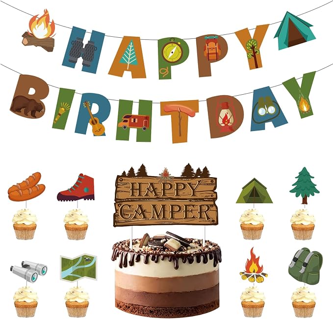 Camping Birthday Party Decoration Kit Banner Cake Topper Happy Camper Party by GLASNES