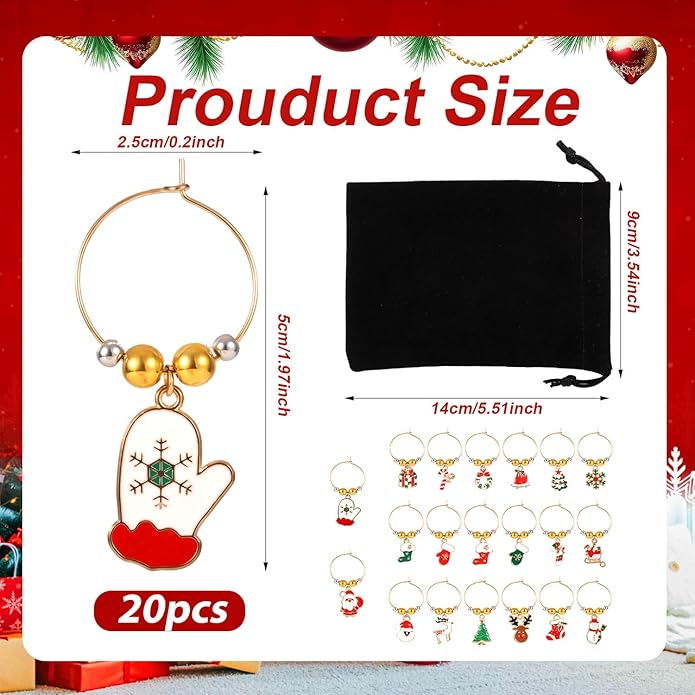 20pcs Christmas Wine Glass Charms, Cute Wine Glass Markers Tags Charms with Flannel Bag Christmas Theme Drink Identifier for Stem Glasses for Wine Tasting Party Favors Decorations