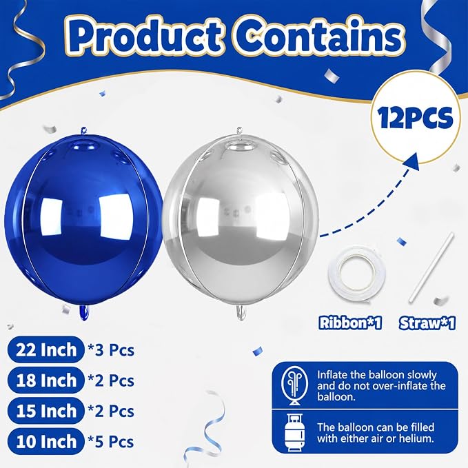 12Pcs Silver Blue Round Foil Balloons, Metallic Silver and Blue Large Balloons - Image 2