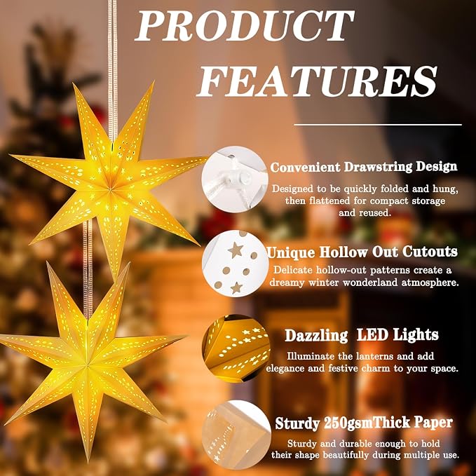 Large Paper Star Lanterns with Lights, 3D Hollow Out Christmas Paper Lanterns - Image 4