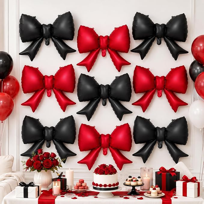 8Pcs Black Red Bow Foil Balloons, 21Inch Black and Red Bow Shaped Balloons - Image 6