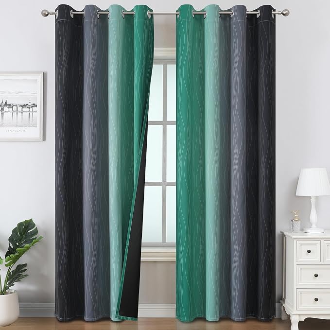 Green & Black Ombre Blackout Curtains 96 Inch Length 2 Panels, Light Blocking by ESTELARTEXTILER
