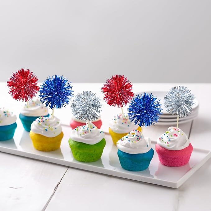 Gyufise 30Pcs Foil Firework Cupcake Toppers Sparkle Tinsel Cake Toppers Tinsel - Image 4