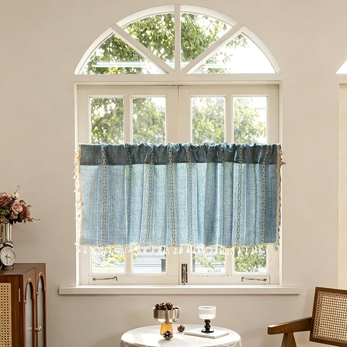 Sutuo Home Blue Boho Curtain 52W x 18L inch White Striped Light Filtering Short - Image 2