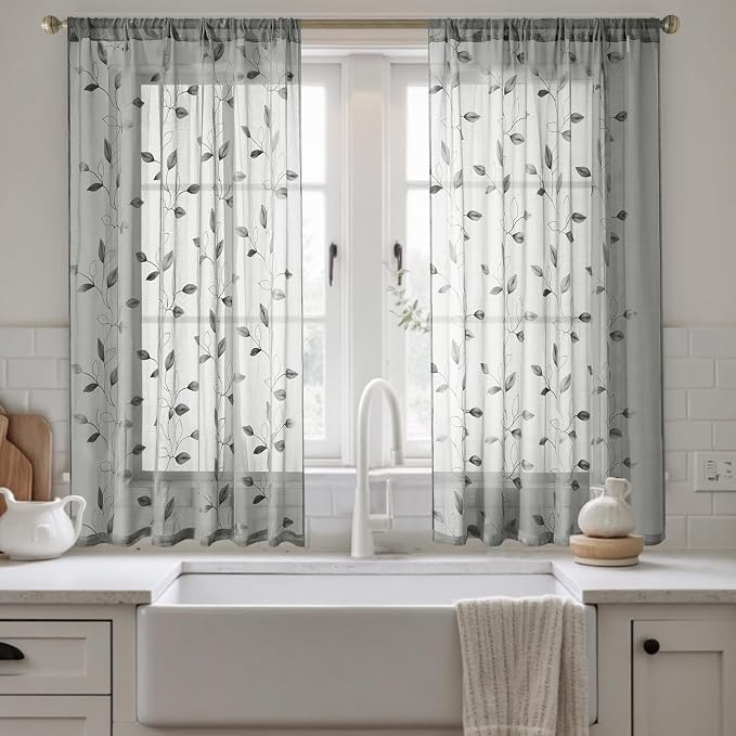 HOMEIDEAS Grey/Gray Sheer Kitchen Curtains 52 x 45 Inch Length 2 Panels - Image 2
