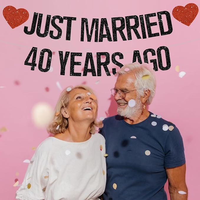 Black Glitter Just Married 40 Years Ago Banner, NO DIY, Pre-Strung 40th Wedding - Image 5