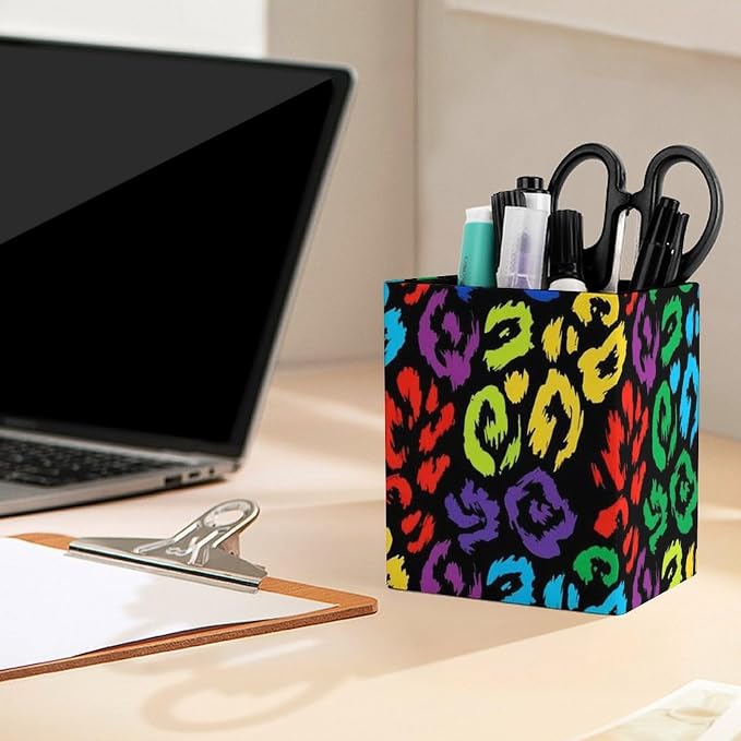 Pencil Pen Holder PU Leather Makeup Brush Holder Black Rainbow Cheetah Leopard - Image 5