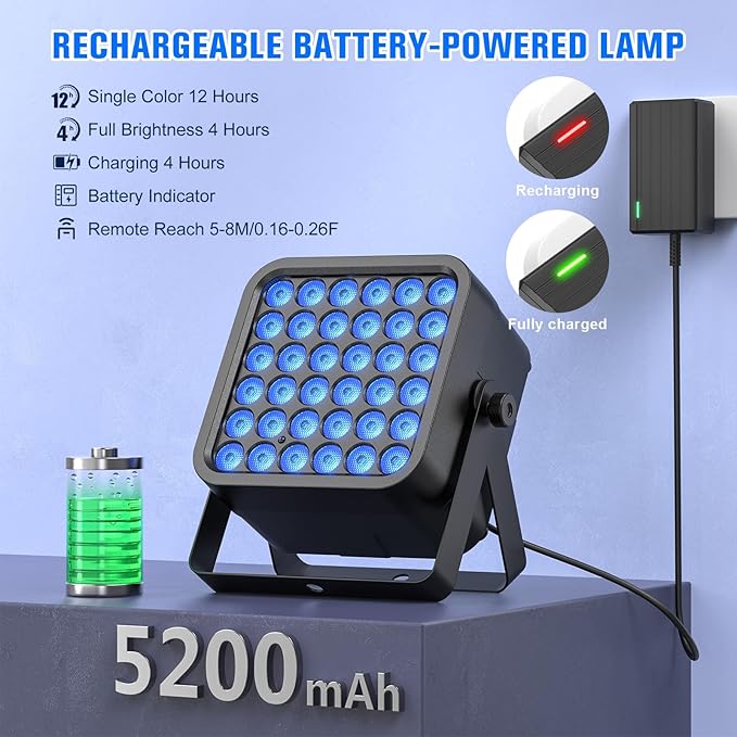 Rechargeable Par Can Lights, 72W RGB 5200mAh Uplights Battery Powered Stage Light, Wireless DJ Lights Sound Activated with Remote & DMX Control for Festivals, Weddings, Bars, Churches, DJ (2 Packs)
