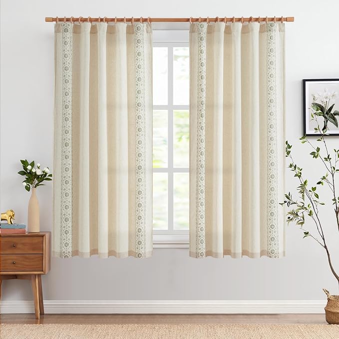 jinchan Floral Linen Curtains Embroidered Back Tab 50x63in 2 Panels Sage | - Image 3