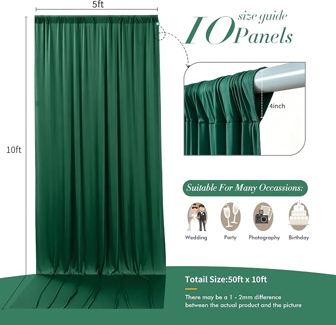 50 ft x 10 ft Wrinkle Free Hunter Green Backdrop Curtain - Image 7