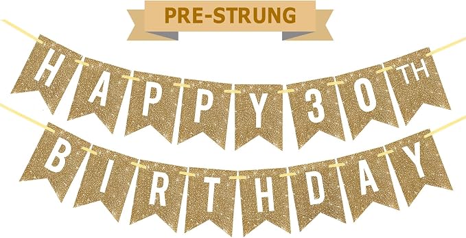 Netnology Pre-Strung Gold Glitter 30th Happy Birthday Banner Decorations | 12 by Netnology