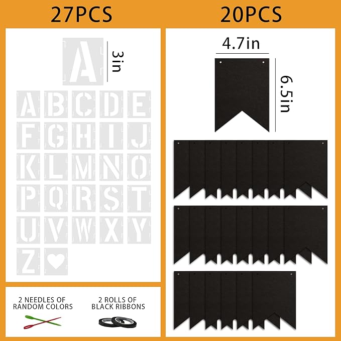 20 PCS Customizable Kraft Banner Set with Letters Stencil, Rustic DIY Party Decorations, Black Blank Banners Kit for Birthday Events