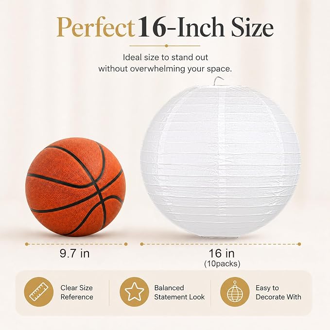 LIHAO 16 Inch White Round Paper Lanterns, Hanging Décor, Wedding & Party - Image 2