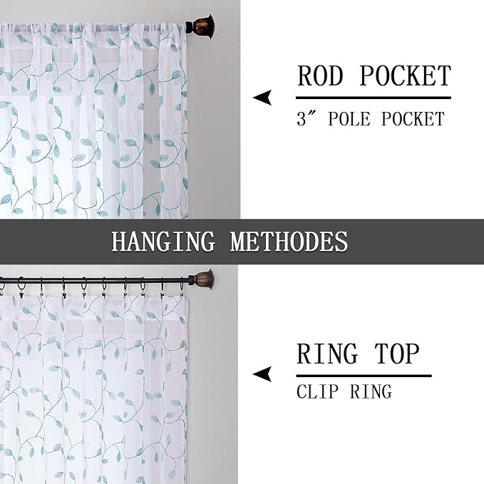 Tollpiz Leaves Short Sheer Curtains Teal Blue Leaf Embroidery Living Room - Image 5