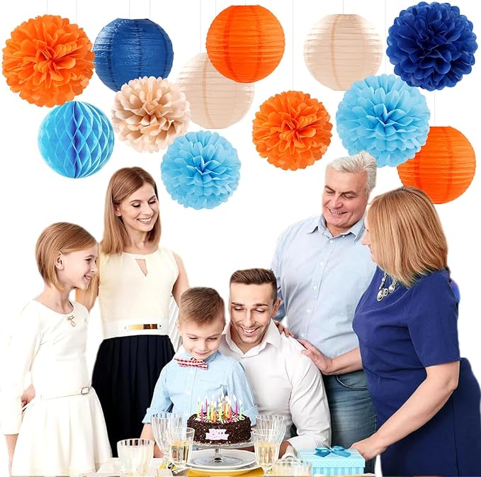 Navy-Blue Orange Champagne Party-Decorations Paper-Flowers - Image 4