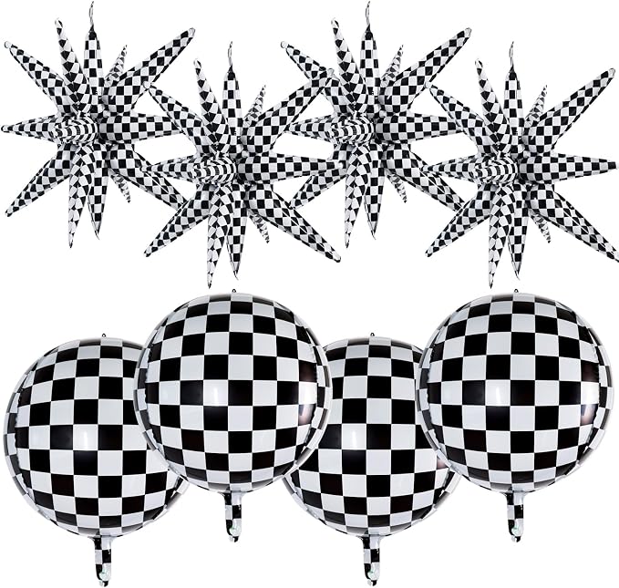 TONIFUL 8Pcs 22Inch Black Checkered Large 4D Giant Round and Star Balloons by TONIFUL