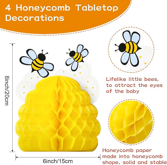 Zonon 4 Pieces Honey Bee Centerpieces Honeycomb Decorations Yellow Bee - Image 2