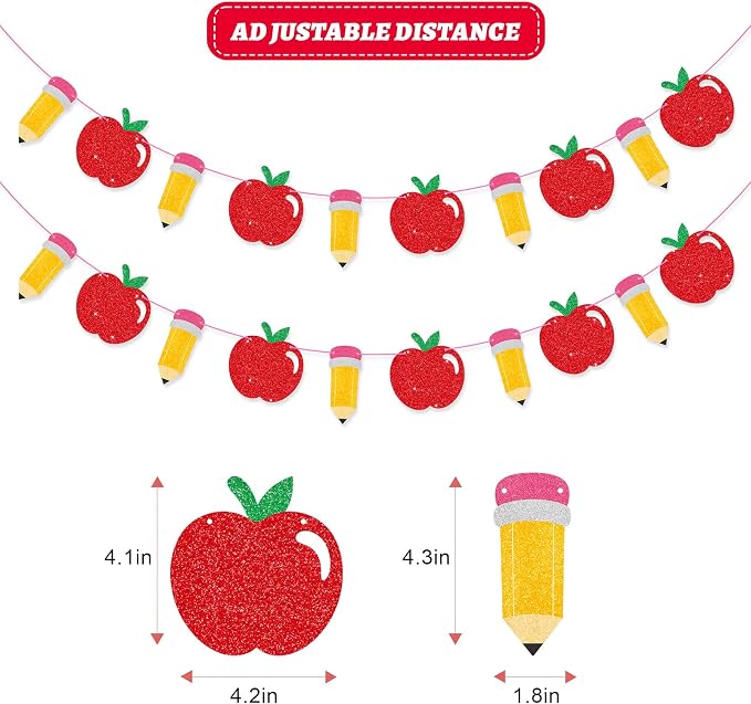 School Banner Garland For Back To School Decorations, Glitter Apple Pencil - Image 2