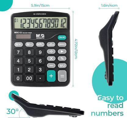 M&G Desk Calculator 12 Digit Office Calculators with Check & Correct, Dual Solar Power and Battery, Large LCD Display Business Calculator with Big Buttons Black