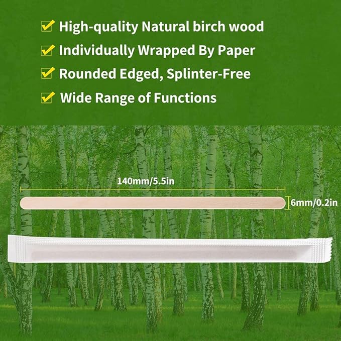 1000pcs Individually Wrapped Coffee Stirrers Wood - 5.5" Coffee Stir Sticks, Round End Disposable coffee stirrer, For Coffee, Cocktail and Hot Drinks