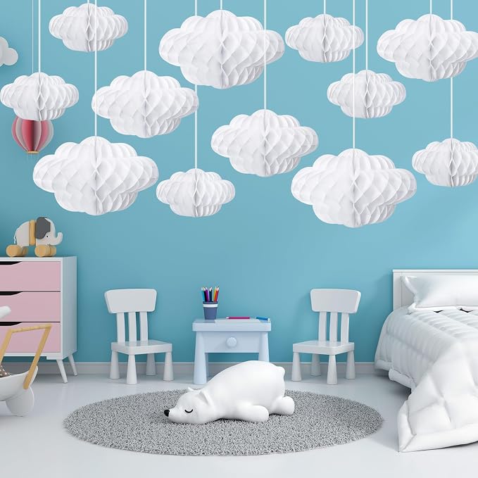 Affrolling 20 Pcs 3D Cloud Decorations Hanging Honeycomb Decor Artificial Cloud - Image 2