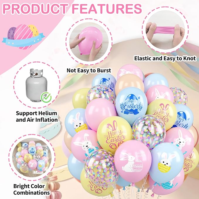 Easter Printed Balloons, 12 Inch Cute Bunny Rabbit Eggs Pastel Confetti - Image 3