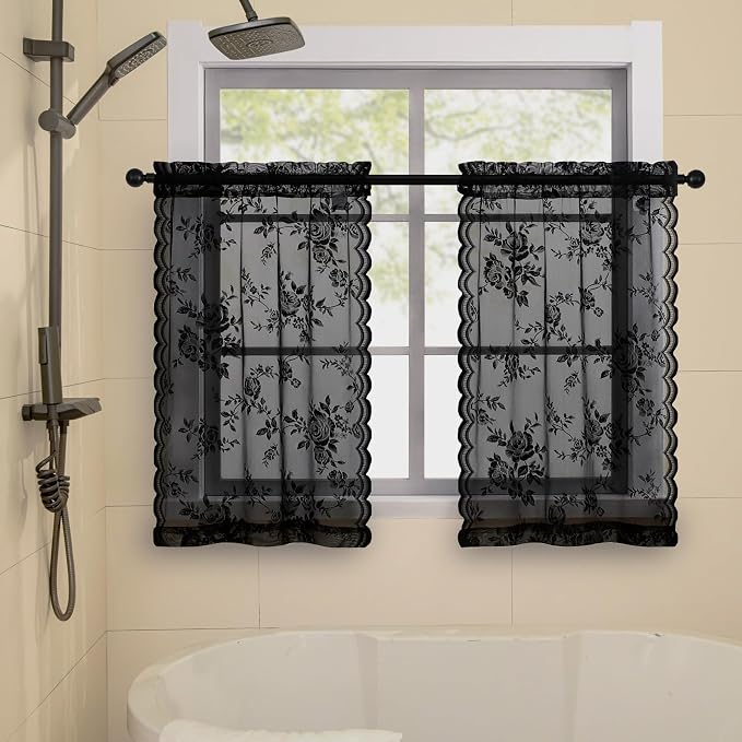 SEEKRIGHT Black Lace Cafe Curtains 36 Inch Length Rod Pocket Privacy Sheer - Image 3