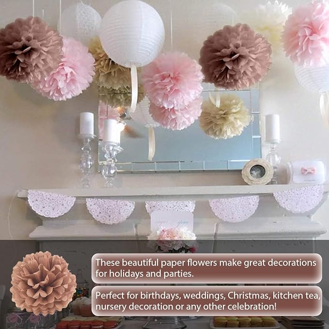 Qimoo 20pcs Coffee Paper Pom Poms Decorations, DIY Decorative Tissue Paper - Image 4