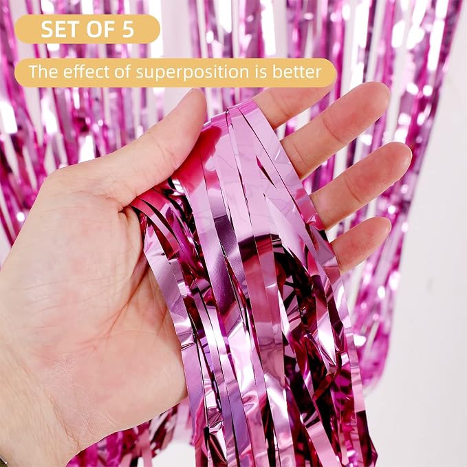 5 Pack Pink Fringe Foil Curtain 3.2ft x 8.2ft Tinsel Backdrop Streamers - Image 2