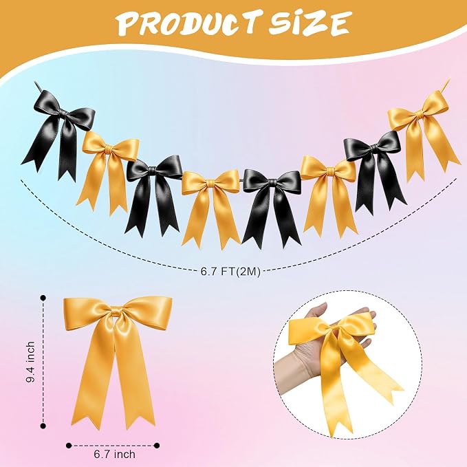 1 String of 8PCS Black&Gold Bow Garland Banner Decoration, Pre-Strung Satin - Image 2