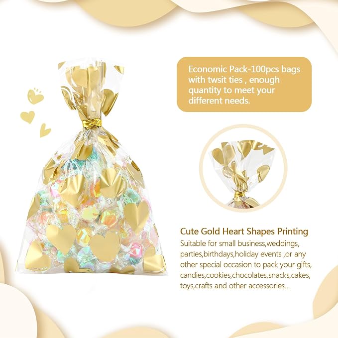 COQOFA 100 Pcs 5x7 IN Gold Heart Cello Cellophane Gift Bags - Image 3