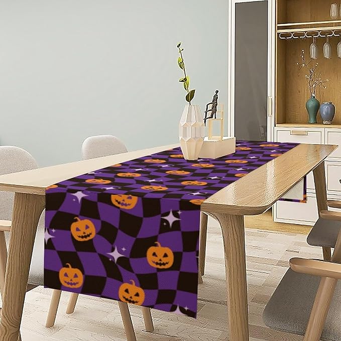 Halloween Table Runner,Purple Checkered Pumpkin Table Runner for Kitchen Dining Table Decoration Home Party Decor 13x90 Inch