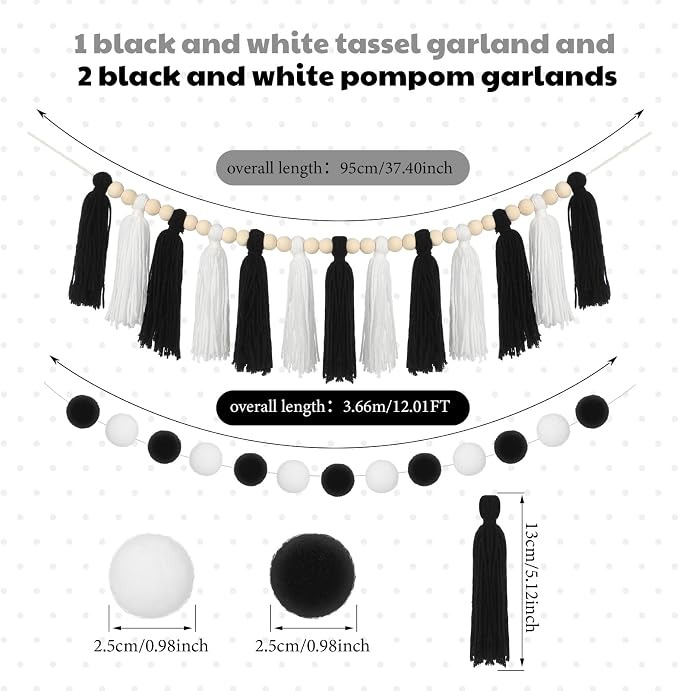 HunnmingRe 3 Pcs Black and White Tassel Garland Pom Pom Hanging Decor | Back to - Image 2