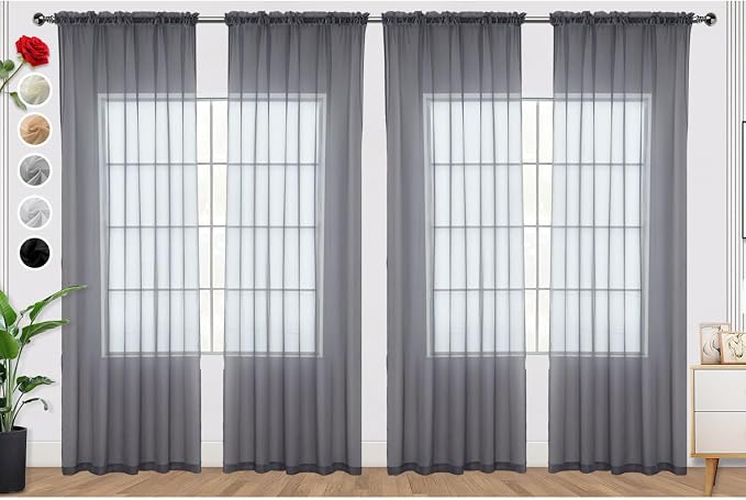 SpaceDresser Grey Sheer Curtains 4 Panels Rod Pocket Semi-Sheer Curtain 63 by SpaceDresser
