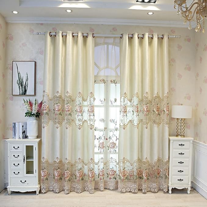 1pc Luxury Peony Embroidery Thermal Insulated Curtain Drape - Image 2