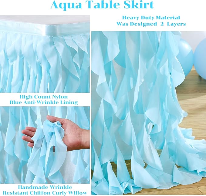 Partisky Aqua Blue Tulle Curly Willow Table Skirt for Rectangle Table 17ft, Ruffle Tutu Table Cloth for Boys Baby Shower,Birthday Party Candy Cake Tables