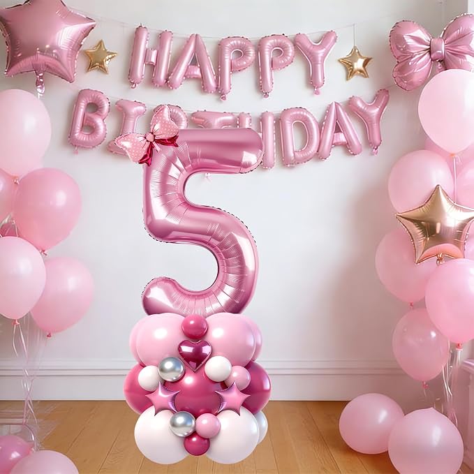 40 Inch Pink Number 5 Balloon Tower Set, Pastel Number Five Foil Balloon - Image 5