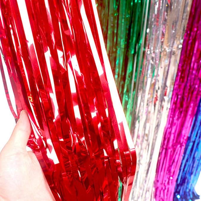 2 Pcs 3.2ft x 8.2ft Shiny Red Metallic Tinsel Foil Fringe Curtains Photo Booth - Image 3