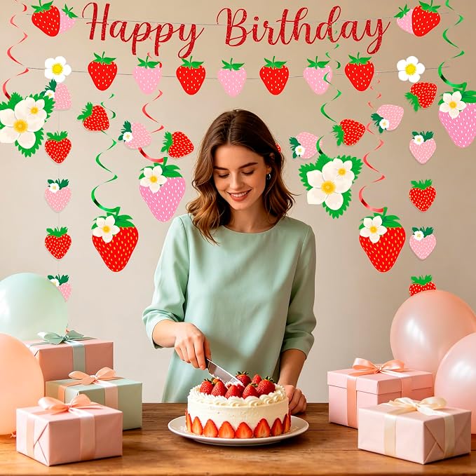 MEETINGU Strawberry Happy Birthday Banner Party Decoration Set, - Image 5