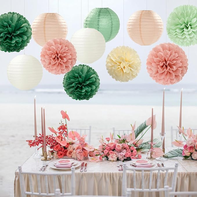 Sage-Green Pink Party-Decorations Paper-Flowers Lanterns - Image 2