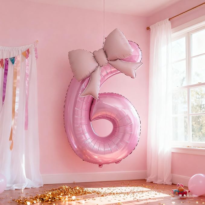Bow Pink 6 Balloons, 40 Inch Giant Pink Bow Helium Foil Number 6 - Image 5
