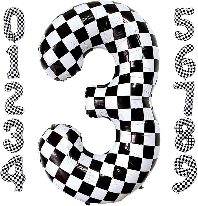 Checkered Number 3 Balloons 40 Inch Giant Race Car Checkered 3 Balloons by LHOAVWE