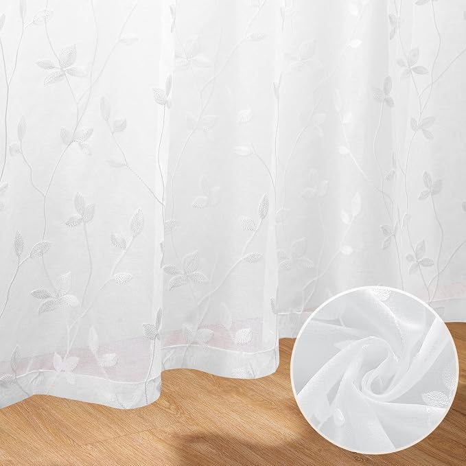 HOMEIDEAS White Sheer Curtains 2 Panels, Embroidered Vine Leaf, W52 x L96 | - Image 3