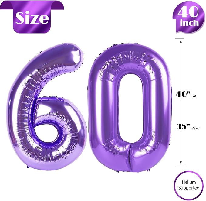 Purple Number 60 Balloon 40 Inch, 60th Birthday Decorations Men Women | Foil - Image 5