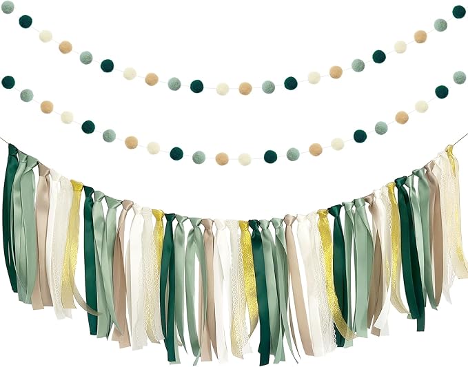 ANSOMO Sage Green Ribbon Felt Ball Garland Fabric Pom Pom Banner | Tan Brown by ANSOMO