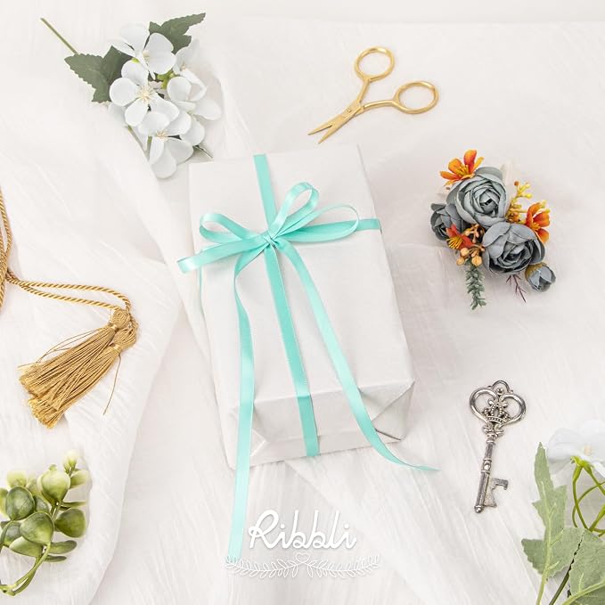 Ribbli Aqua Blue Satin Ribbon, Double Faced Satin 1/4 inch x Continuous 50 Yards - Image 2