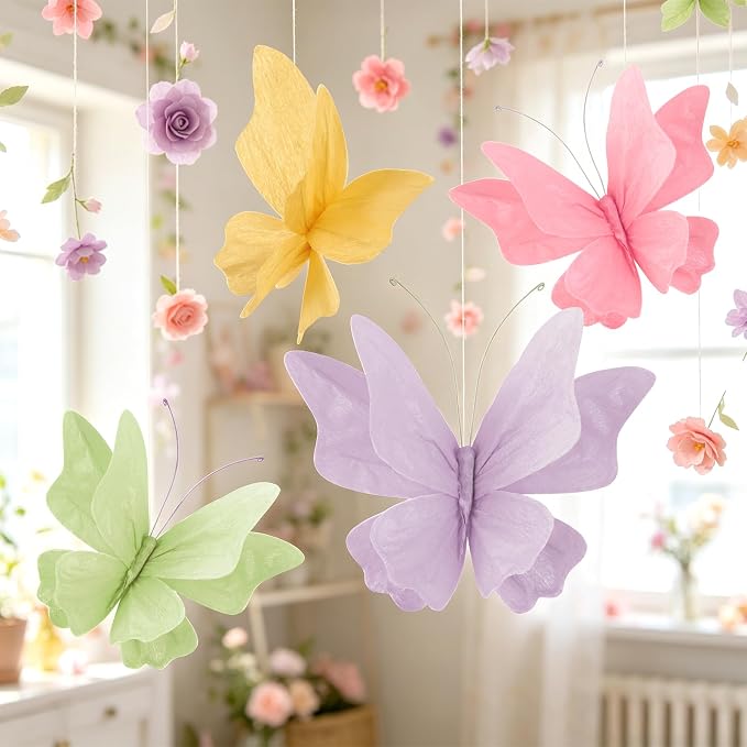 3D Hanging Butterfly Decorations Butterfly Party Decorations 4PCS Pastel Large - Image 2